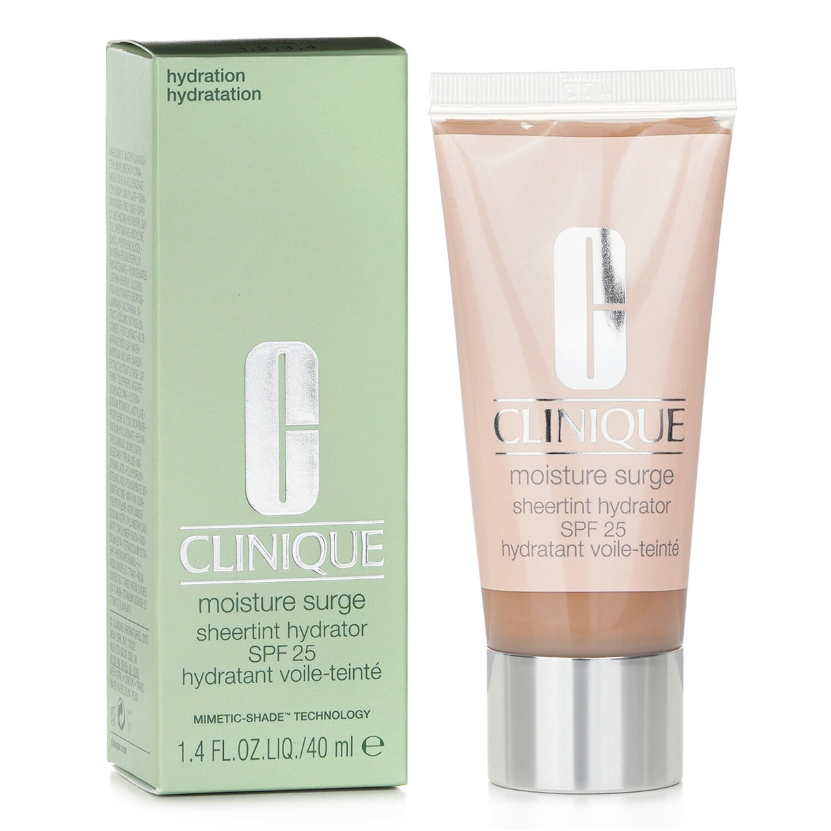 Clinique Moisture Surge Sheertint Hydrator SPF 25 in Universal Light Medium, a tinted moisturizer for radiant, hydrated skin.