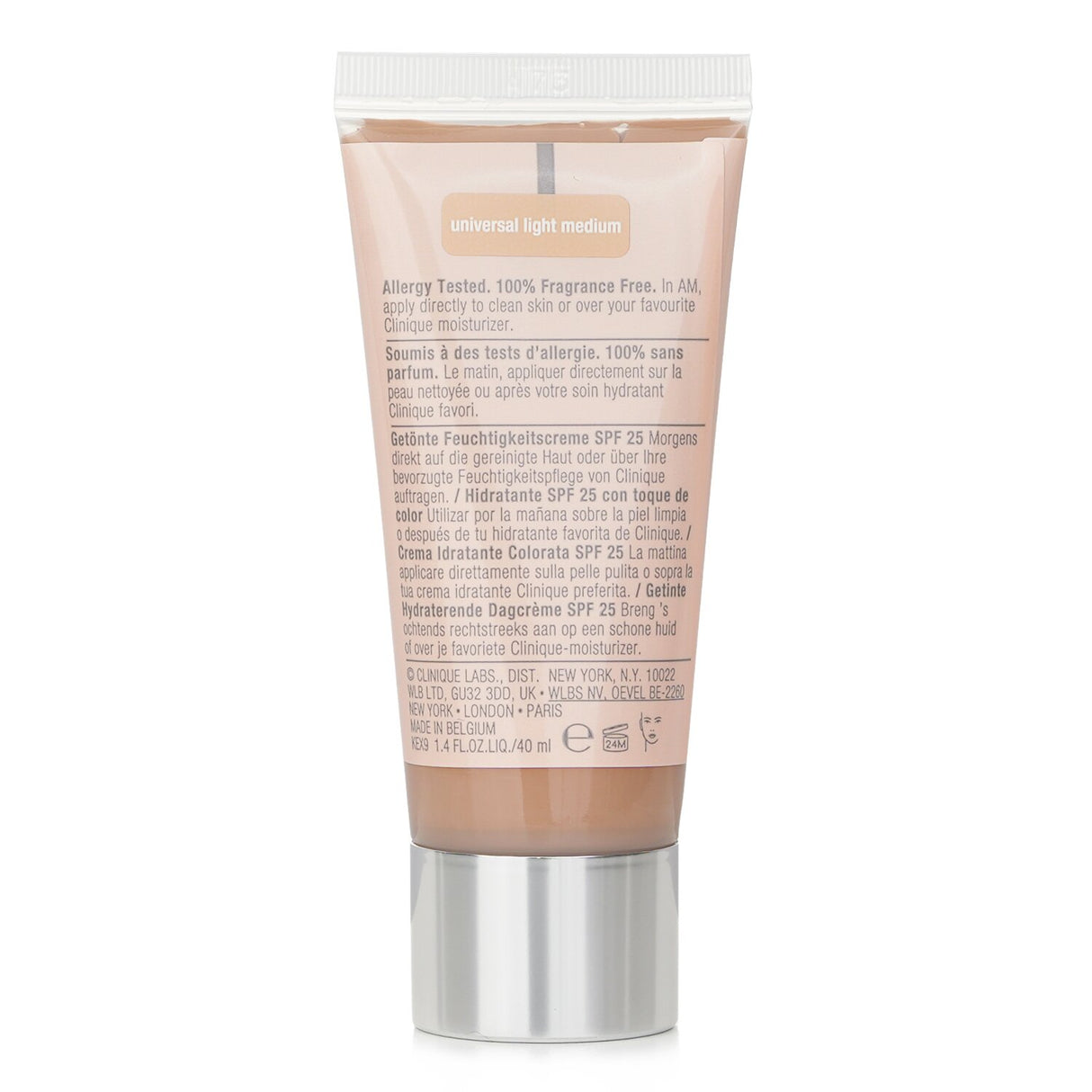 Clinique Moisture Surge Sheertint Hydrator SPF 25 in Universal Light Medium, offering hydration, light coverage, and sun protection.