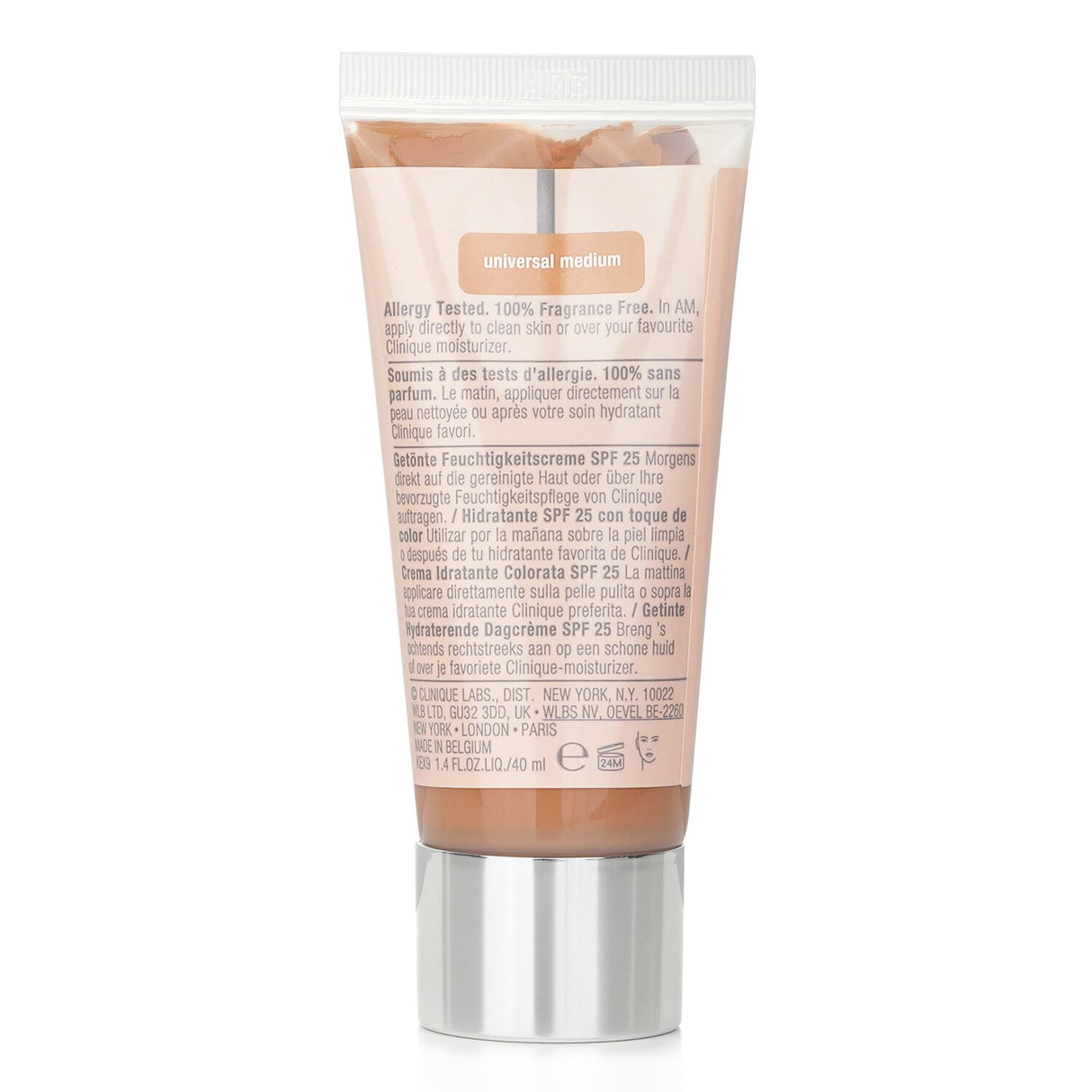 Clinique Moisture Surge Sheertint Hydrator SPF 25 #04 Universal Medium provides 12-hour hydration and sun protection for all skin types.