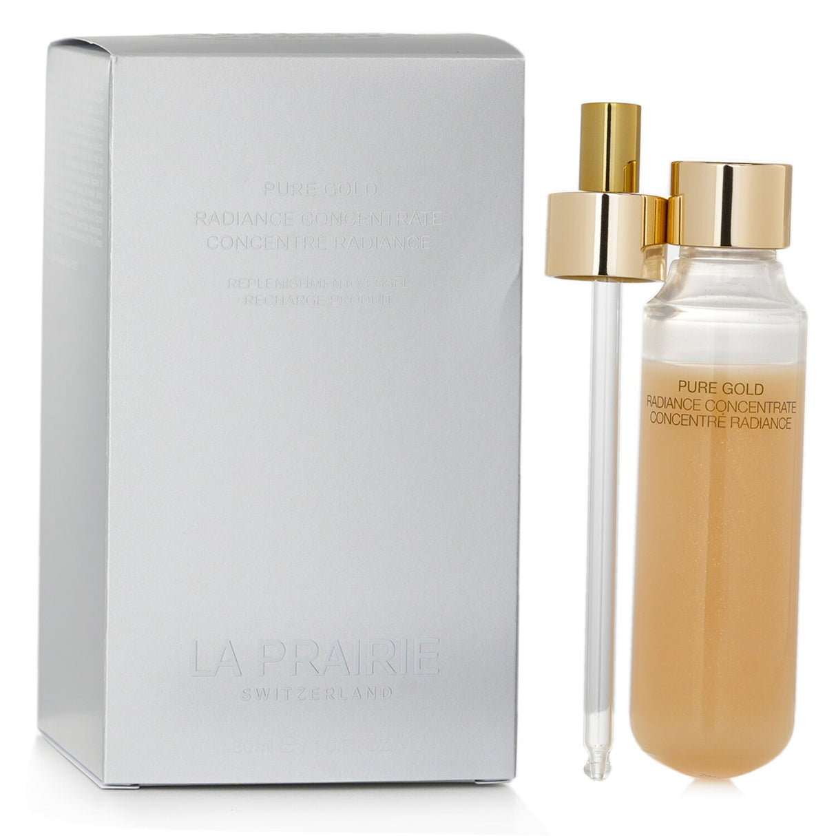 La Prairie Pure Gold Radiance Concentrate in 30ml, designed to hydrate, smooth, and enhance skin radiance and texture.