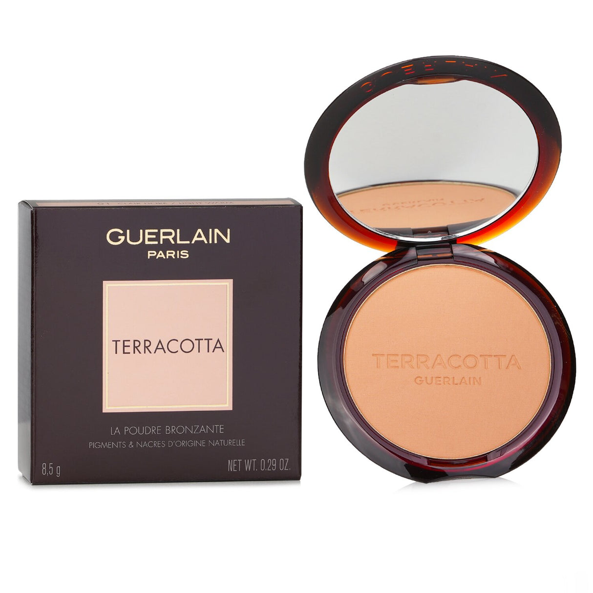 Guerlain Terracotta Bronzing Powder #01 Light Warm, 8.5g, offers a silky, sun-kissed glow with natural ingredients and Moroccan Argan Oil.