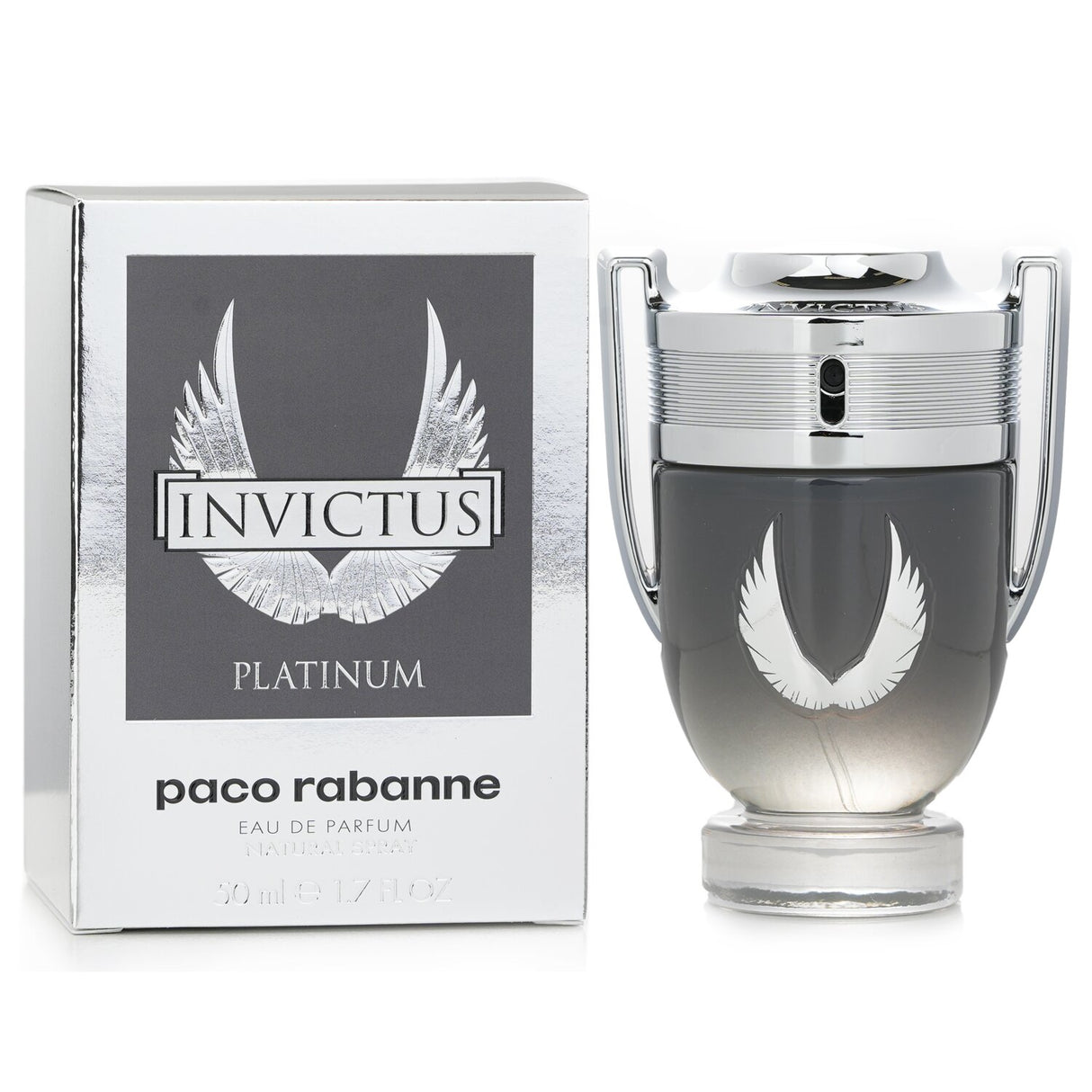 Paco Rabanne Invictus Platinum 50ml Eau De Parfum in a sleek bottle, embodying fresh, masculine fragrance notes of victory.