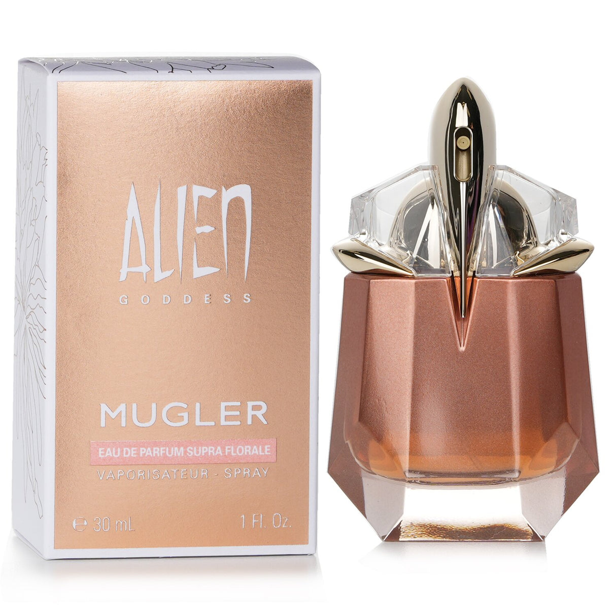 Elegant 30ml Thierry Mugler Alien Goddess Eau De Parfum with floral notes of jasmine, tuberose, and warm vanilla.