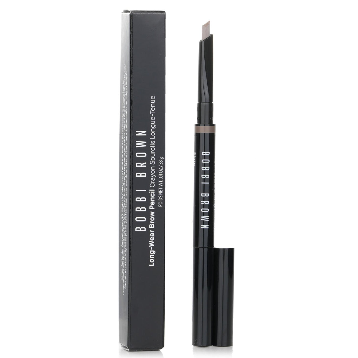 Bobbi Brown Long-Wear Brow Pencil #9 Slate with slanted tip, waterproof formula, and attached spoolie for flawless brows.