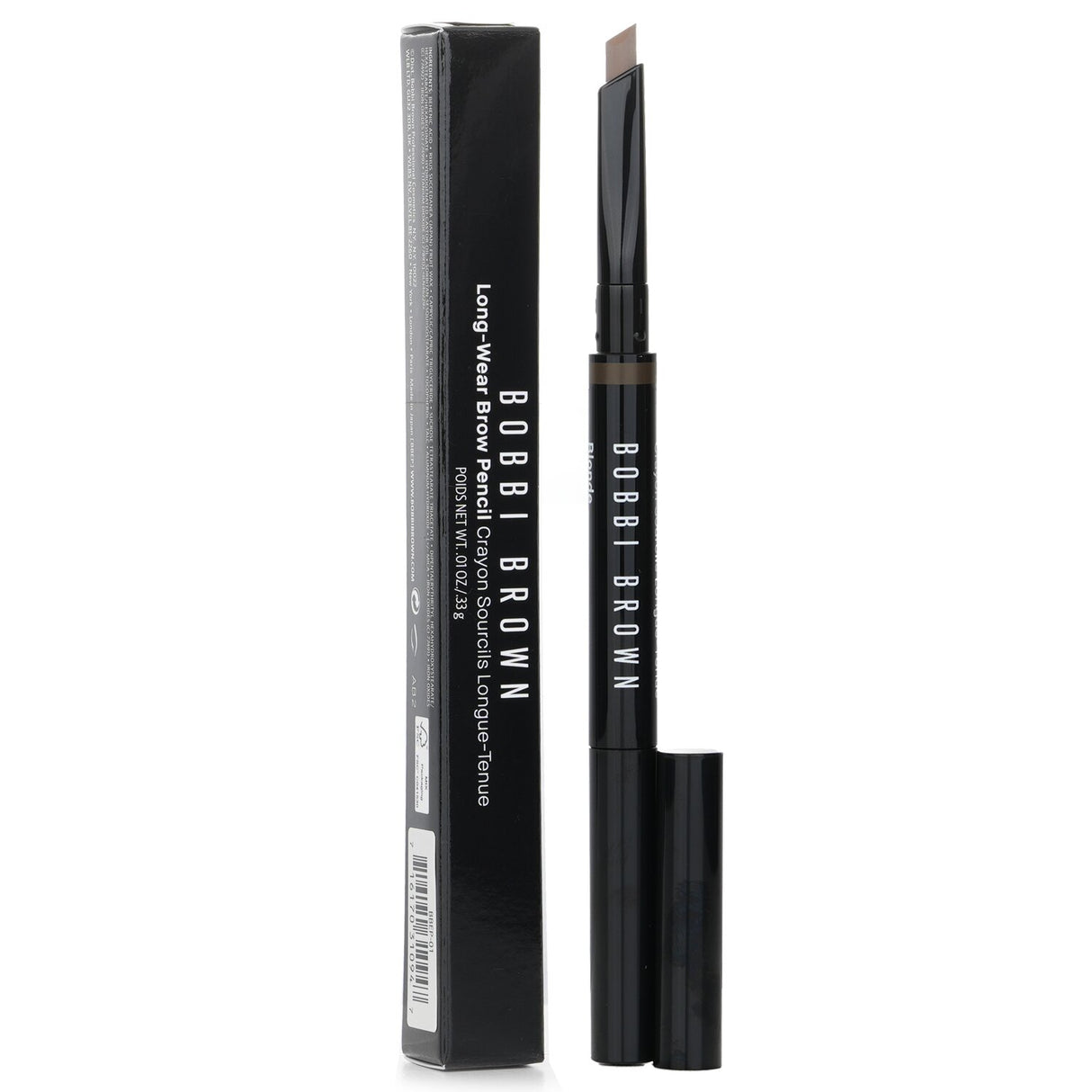 Bobbi Brown Long-Wear Brow Pencil in #1 Blonde, features a slanted tip, waterproof formula, and included spoolie brush for flawless brows.