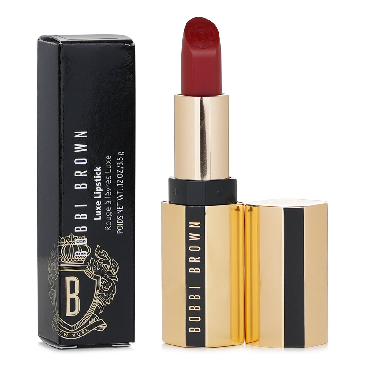 Bobbi Brown Luxe Lipstick in #808 Ruby, a luxurious high-coverage lipstick with a satin finish and nourishing properties.