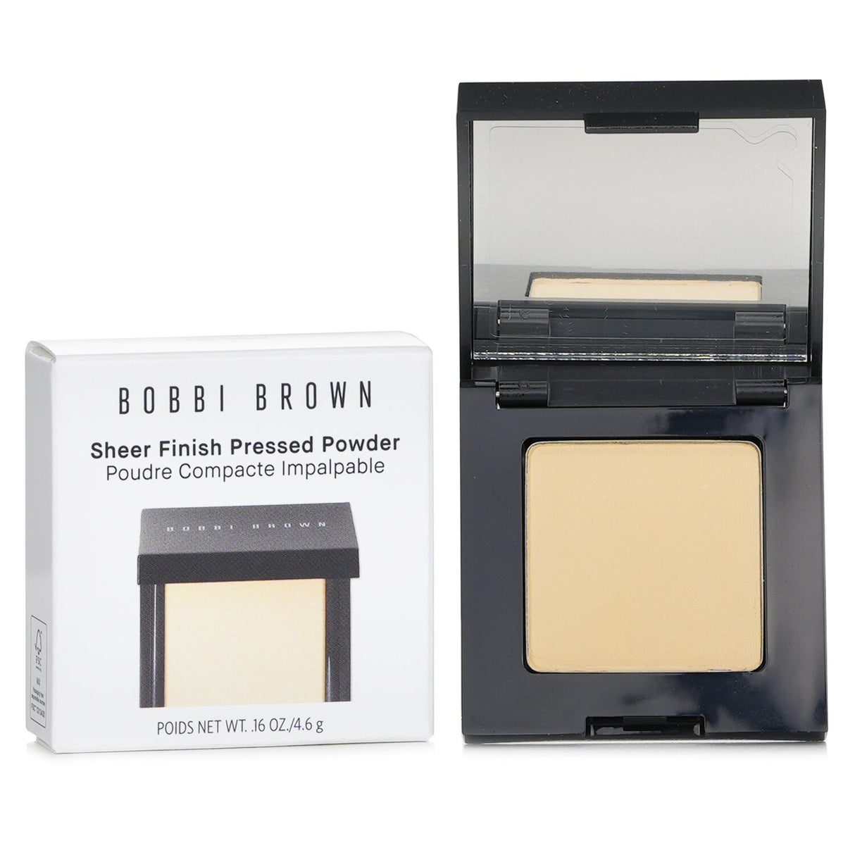 Bobbi Brown Mini Sheer Finish Pressed Powder #1 Pale Yellow in a sleek compact, perfect for setting makeup and touch-ups.