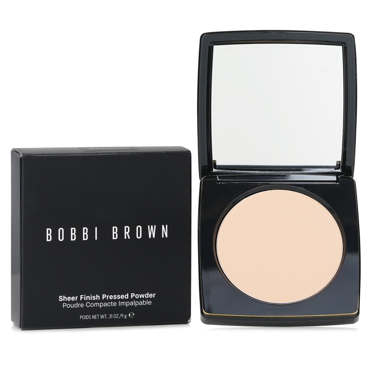 Bobbi Brown Sheer Finish Pressed Powder in #Warm Natural, a lightweight powder for a flawless, natural complexion in a sleek compact.