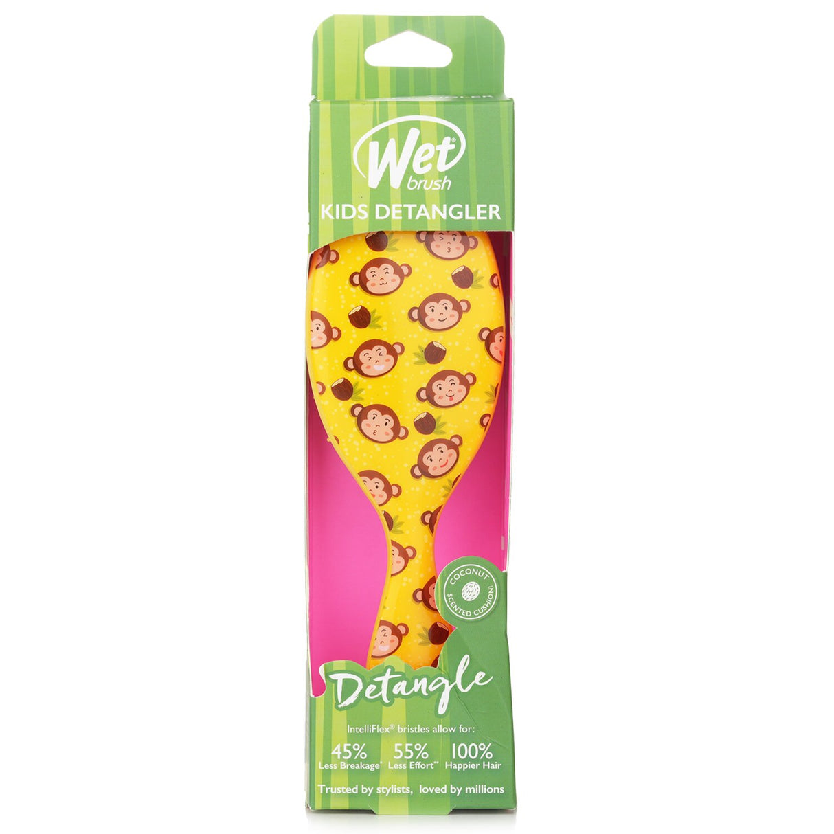 Kids' detangler brush featuring a playful monkey design with ultra-soft bristles for pain-free, gentle combing.