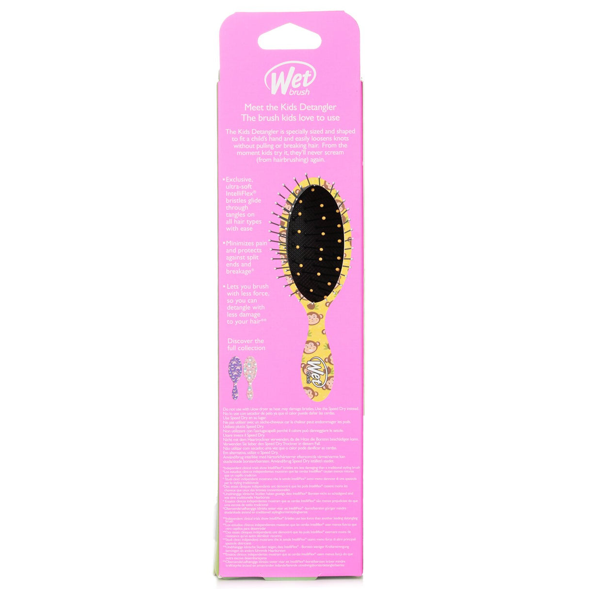 Vibrant monkey-themed kids' detangler brush with soft bristles for pain-free hair care and easy grip for little hands.