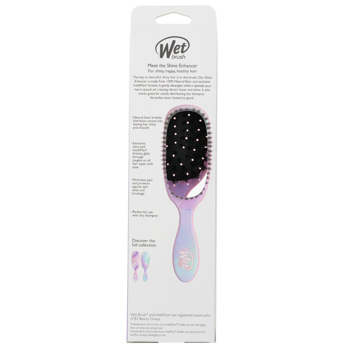 Detangling hair brush with IntelliFlex and boar bristles, enhancing shine while minimizing breakage for all hair types.