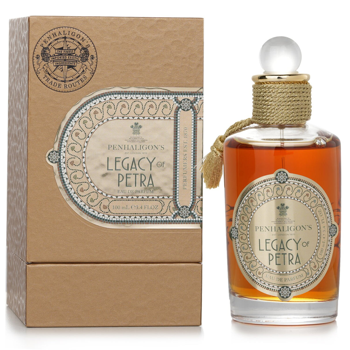 Luxury 100ml unisex perfume, Legacy of Petra, featuring notes of cardamom, amber, jasmine, and rose, housed in an elegant bottle.