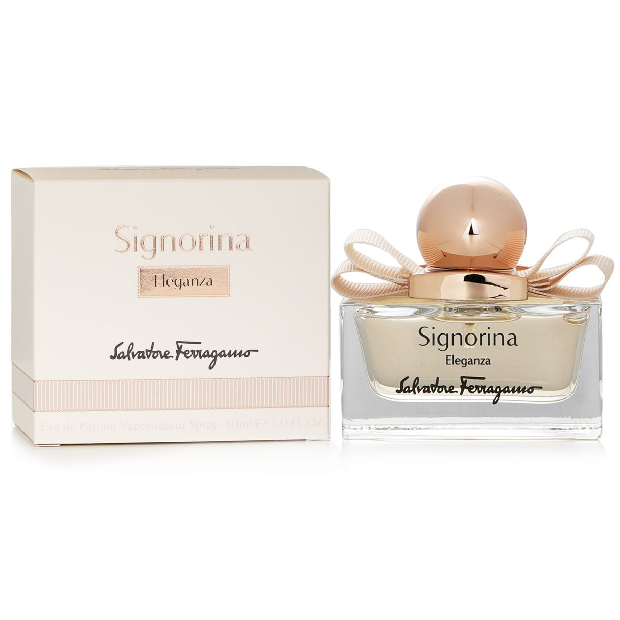 Salvatore Ferragamo Signorina Eleganza Eau De Parfum Spray 30ml with notes of pear, bergamot, jasmine, and rose in elegant packaging.