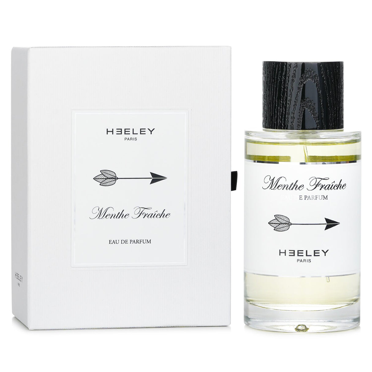 Refreshing HEELEY Menthe Fraiche Eau De Parfum spray in a 100ml bottle, featuring mint and green notes for a revitalizing scent.