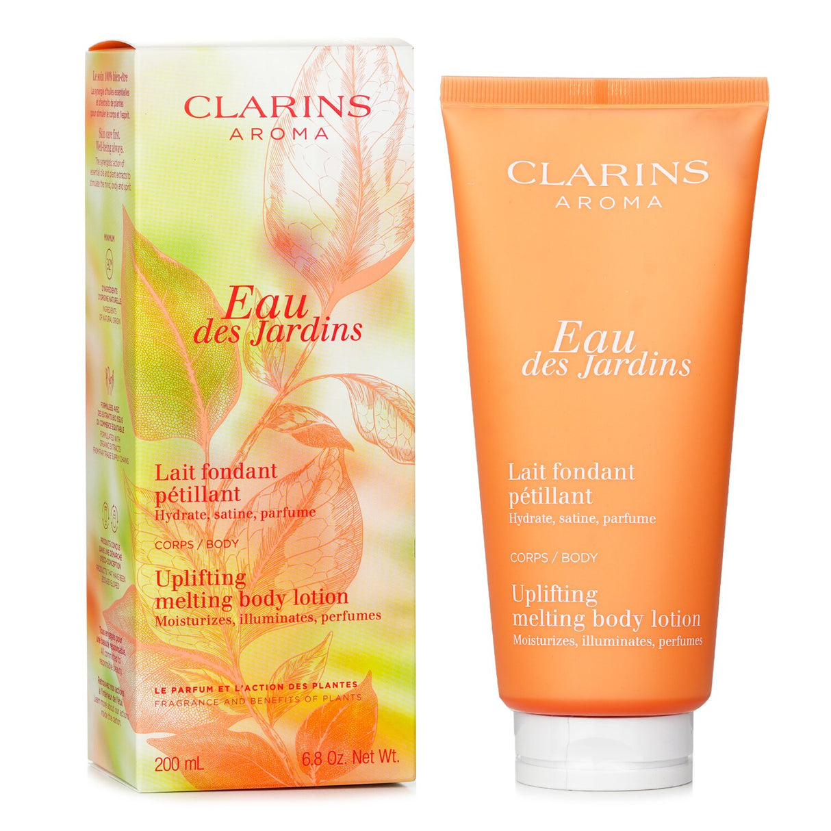 Clarins Eau Des Jardins Melting Body Lotion in 200ml, featuring a refreshing texture for soft, hydrated skin and a vibrant scent.