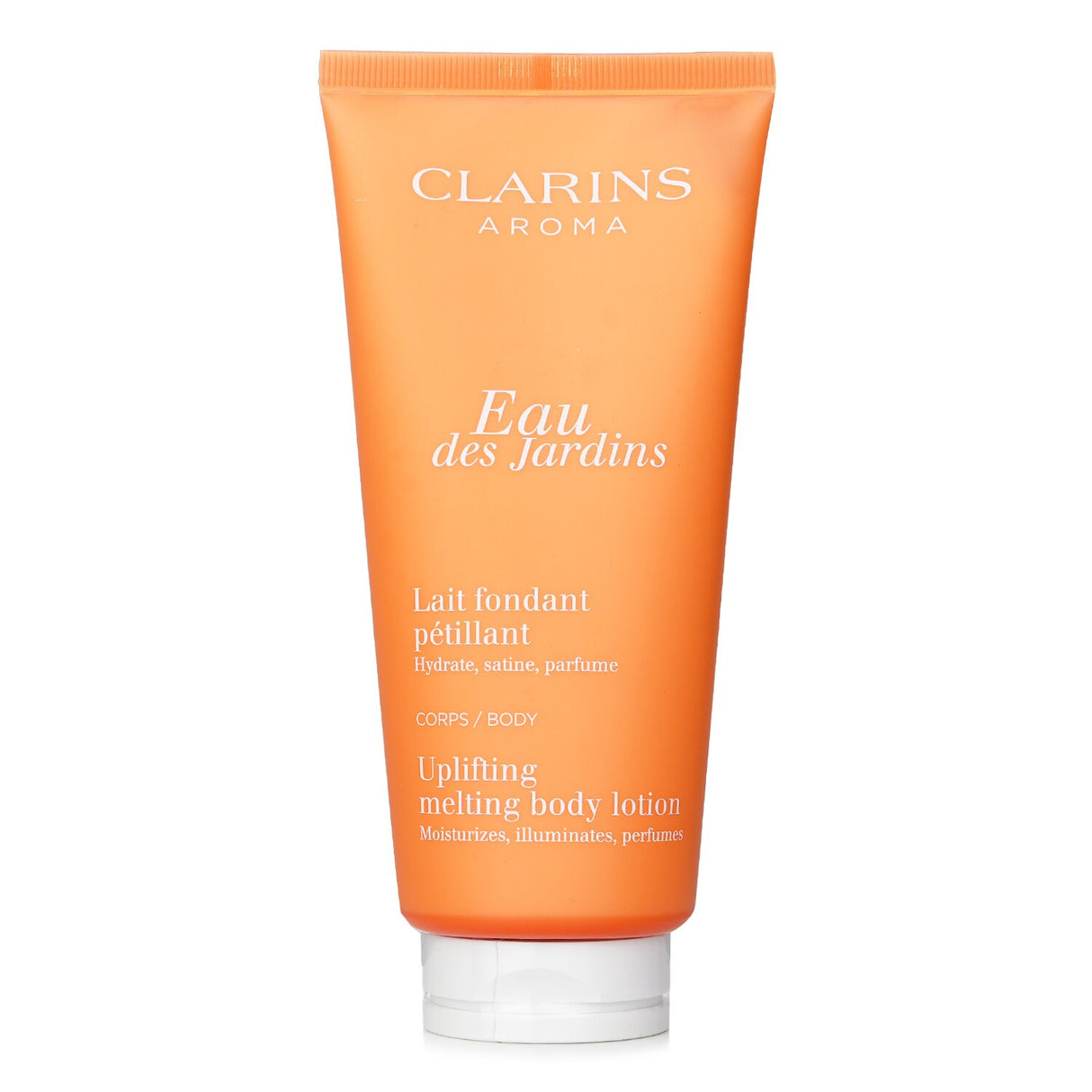 Clarins Eau Des Jardins Melting Body Lotion in a 200ml bottle, offering hydration with a refreshing scent and quick absorption.