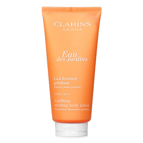 Clarins Eau Des Jardins Melting Body Lotion in a 200ml bottle, offering hydration with a refreshing scent and quick absorption.