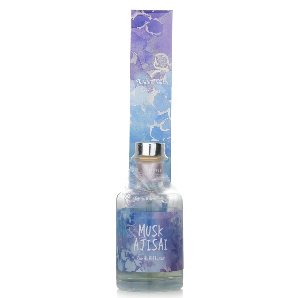 Elegant 160ml reed diffuser in Musk Ajisai, featuring floral notes and subtle musk for a calming home ambiance.