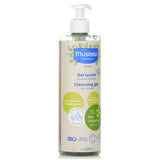 Gentle 2-in-1 organic cleansing gel for hair and body, suitable for all ages, infused with olive oil and aloe vera.