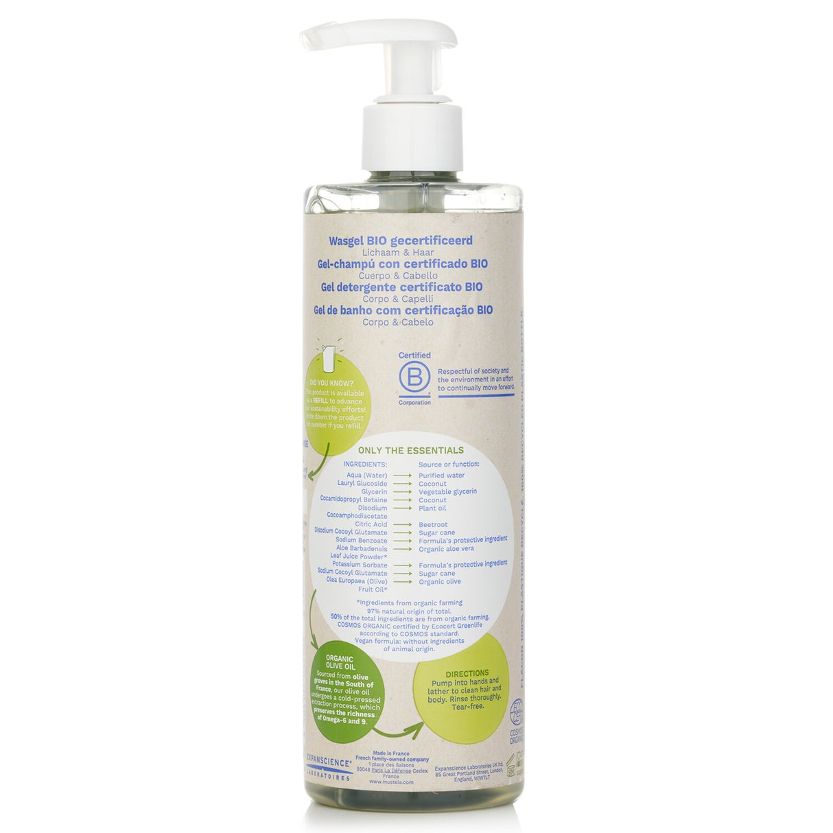 Gentle 2-in-1 organic cleansing gel for hair and body, suitable for newborns, with olive oil and aloe vera for hydration.