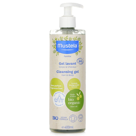 Mustela Bio Organic Cleansing Gel: 400ml gentle 2-in-1 formula for hair and body, nourishing with organic oils for all skin types.