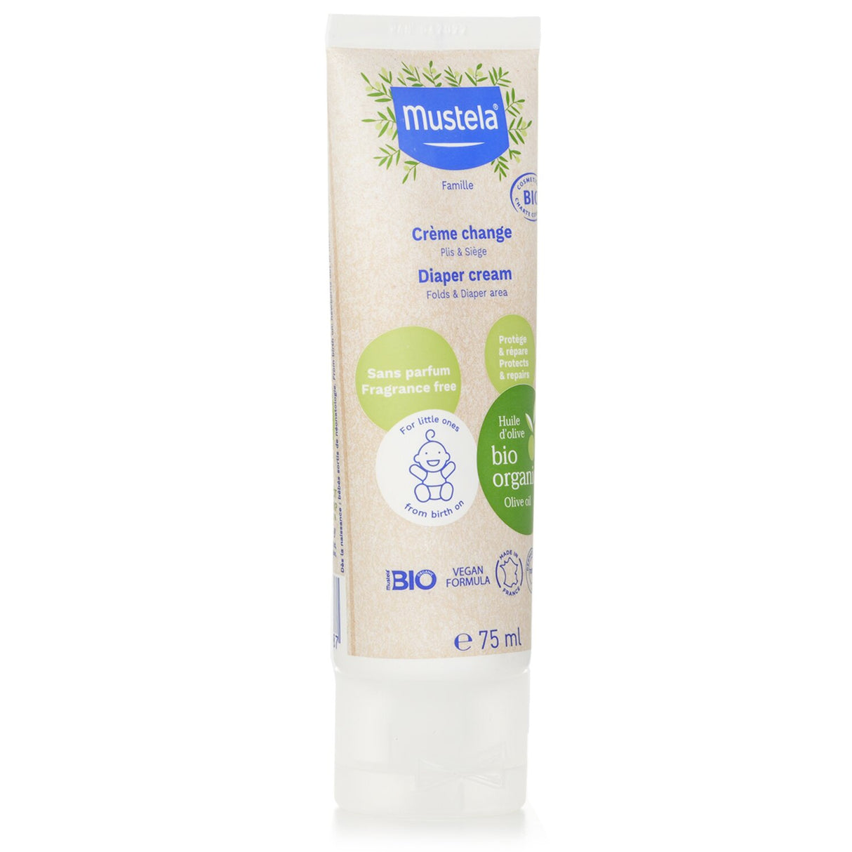 Mustela Bio Organic Diaper Cream 75ml, a soothing, vegan formula for sensitive baby skin with zinc oxide and organic olive oil.