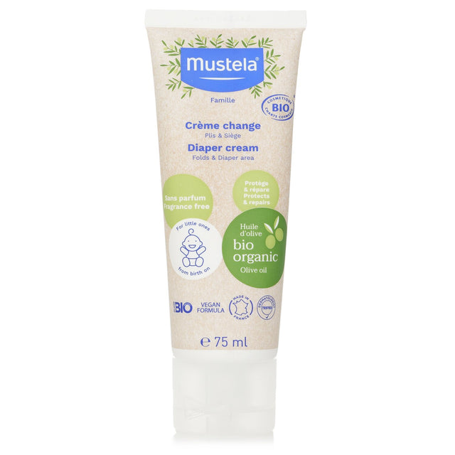 Mustela Bio Organic Diaper Cream 75ml, soothing formula with zinc oxide and olive oil for sensitive baby skin.