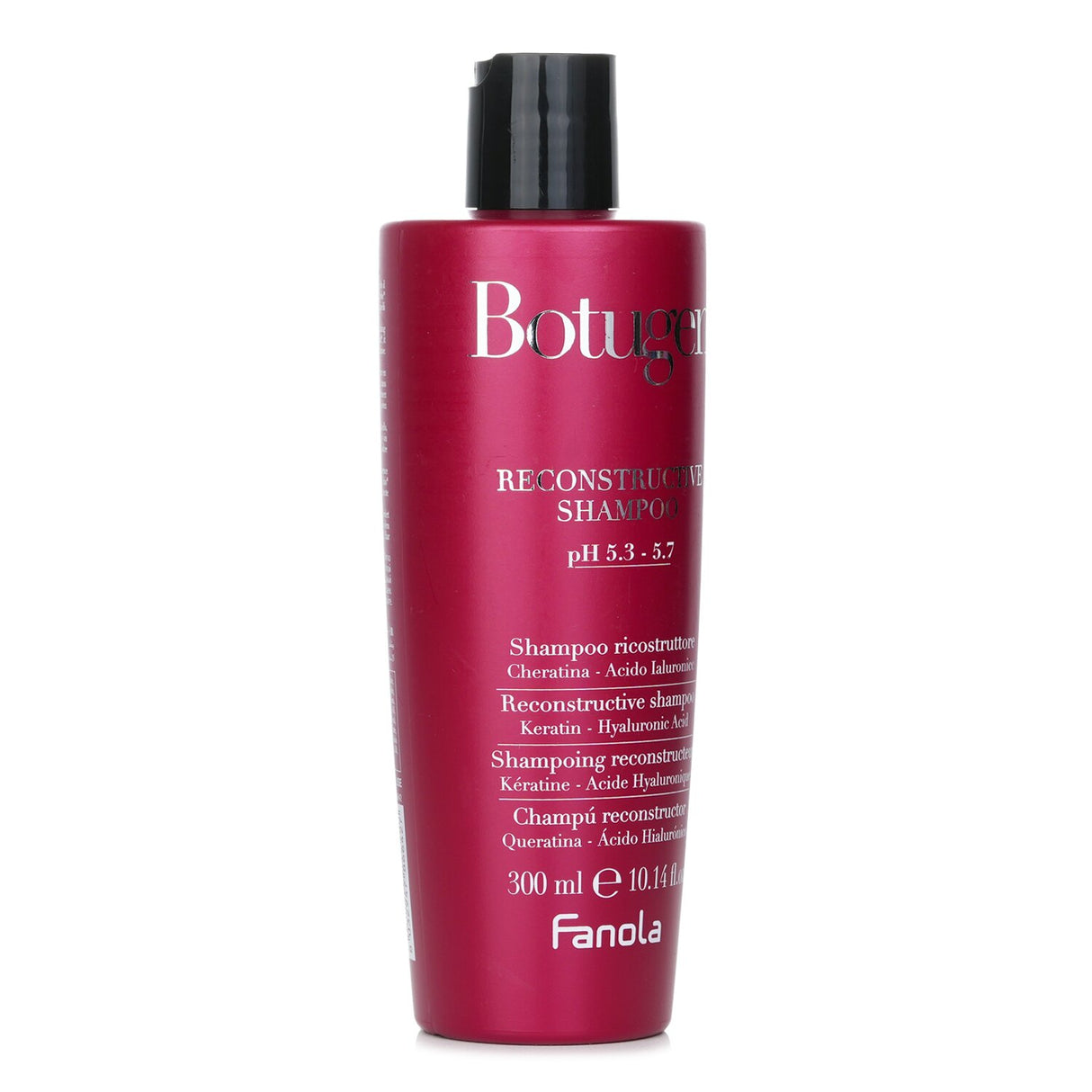 Fanola Botugen Reconstructive Shampoo 300ml, revitalizing formula for damaged hair, enhances softness, hydration, and volume.