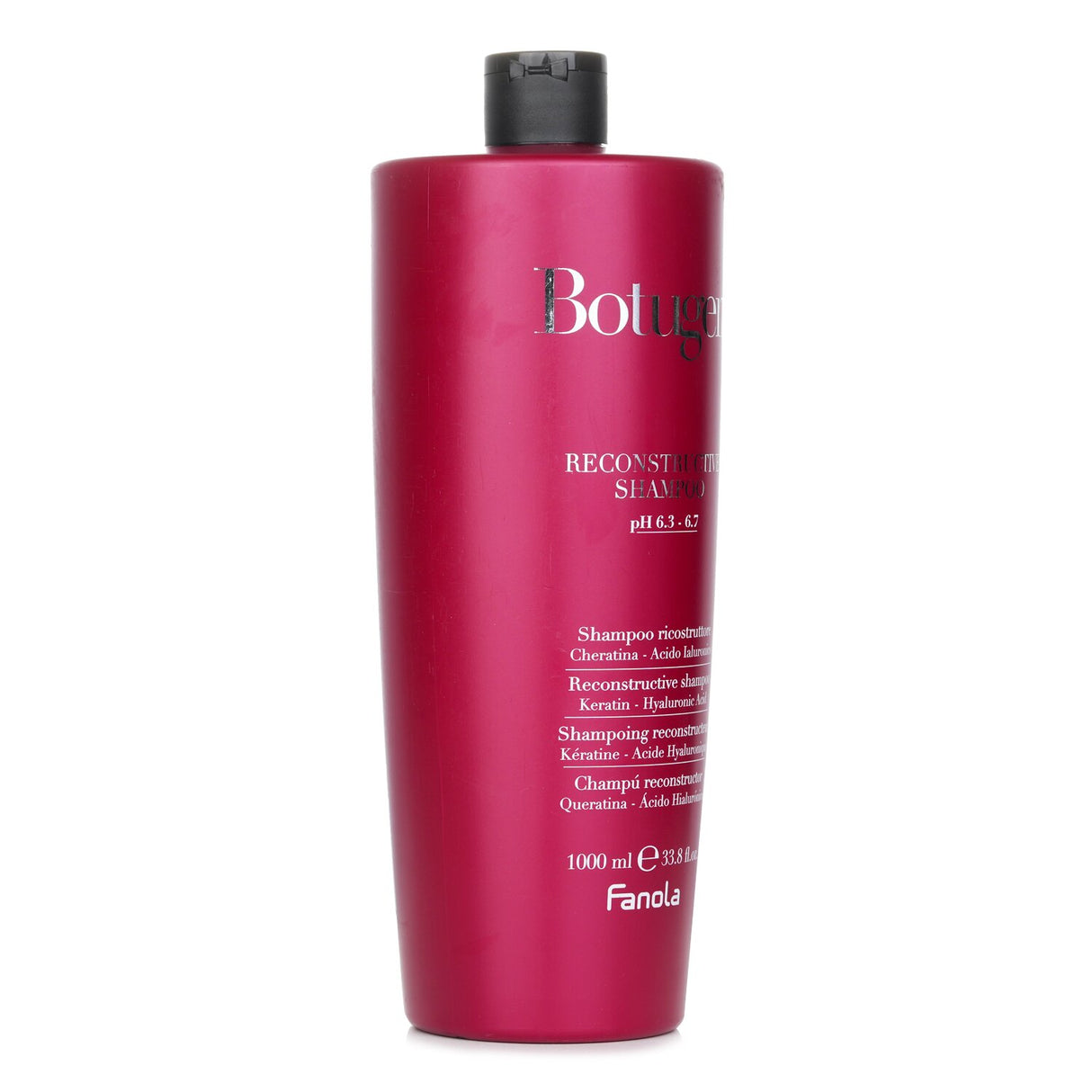 Fanola Botugen Reconstructive Shampoo 1000ml, a pH5.5 cleanser for damaged hair, restoring protein balance and hydration.