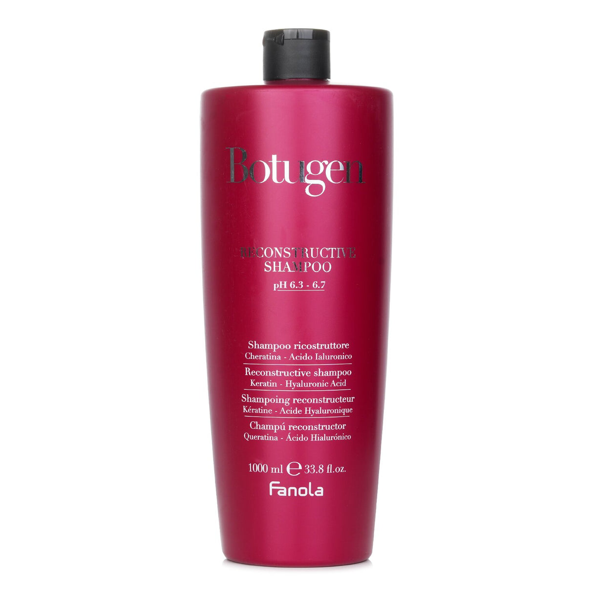 Fanola Botugen Reconstructive Shampoo, 1000ml, restores damaged hair, enhances softness, and is free from sulfates.