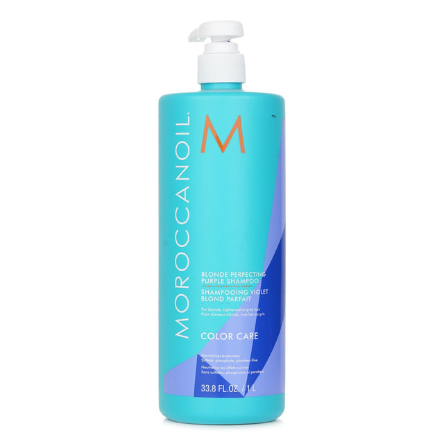 Moroccanoil Blonde Perfecting Purple Shampoo in a 1000ml bottle for neutralizing brassiness in blonde, lightened, or grey hair.