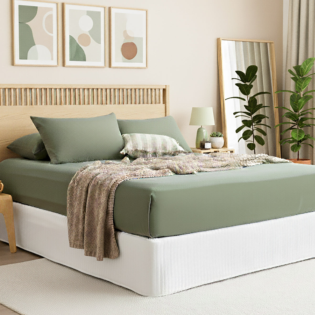 Renee Taylor Comfort Organic Fitted Sheet & Pillowcase -  Double Olive