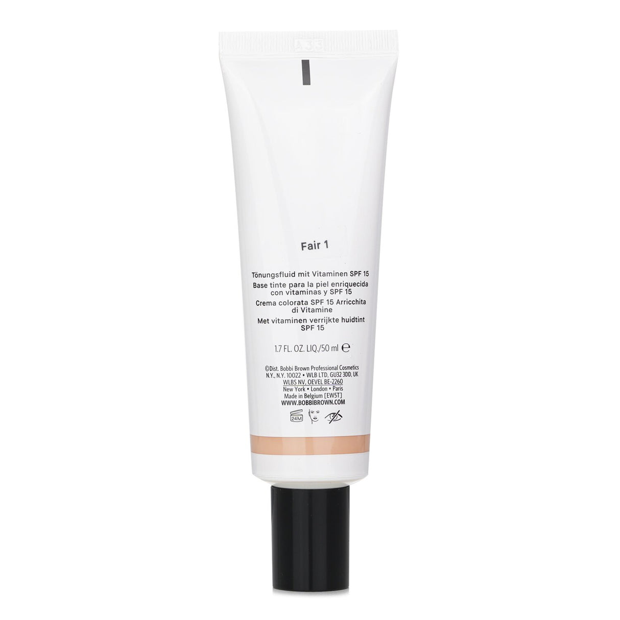 Bobbi Brown Vitamin Enriched Skin Tint SPF15 in Fair 1, a moisturizing 2-in-1 tint for fresh, natural coverage with SPF.