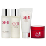 SK-II Essential Travel Kit featuring 4 products for radiant skin: Skinpower Cream, Clear Lotion, Essence, and Gentle Cleanser.