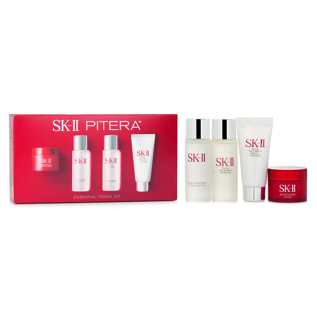 SK-II Essential Travel Kit featuring four luxury skincare products for glowing skin, perfect for travel and all skin types.