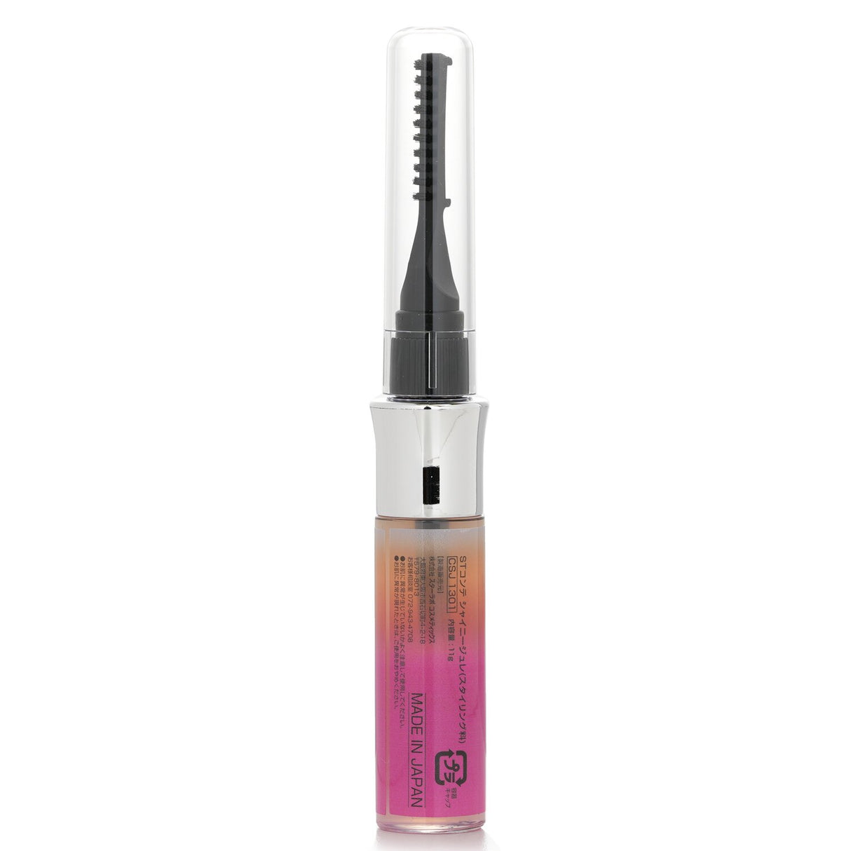 Hair Shiny Gel with 3 head brush for easy application, lightweight formula, strong hold, and flower scent in 11g.