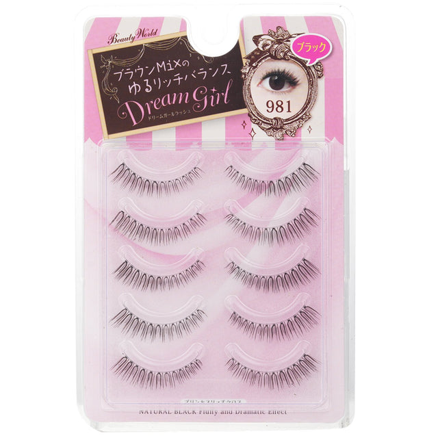 Beauty World Dream Girl Nylon Eyelash #981 in Black, 5 pairs of natural-looking, voluminous false lashes for any occasion.