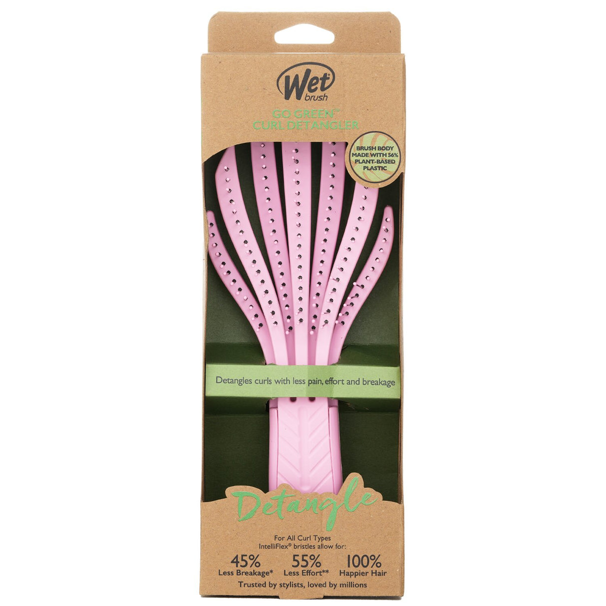 Eco-friendly Wet Brush in pink for curly hair with IntelliFlex bristles, designed to detangle gently and reduce breakage.