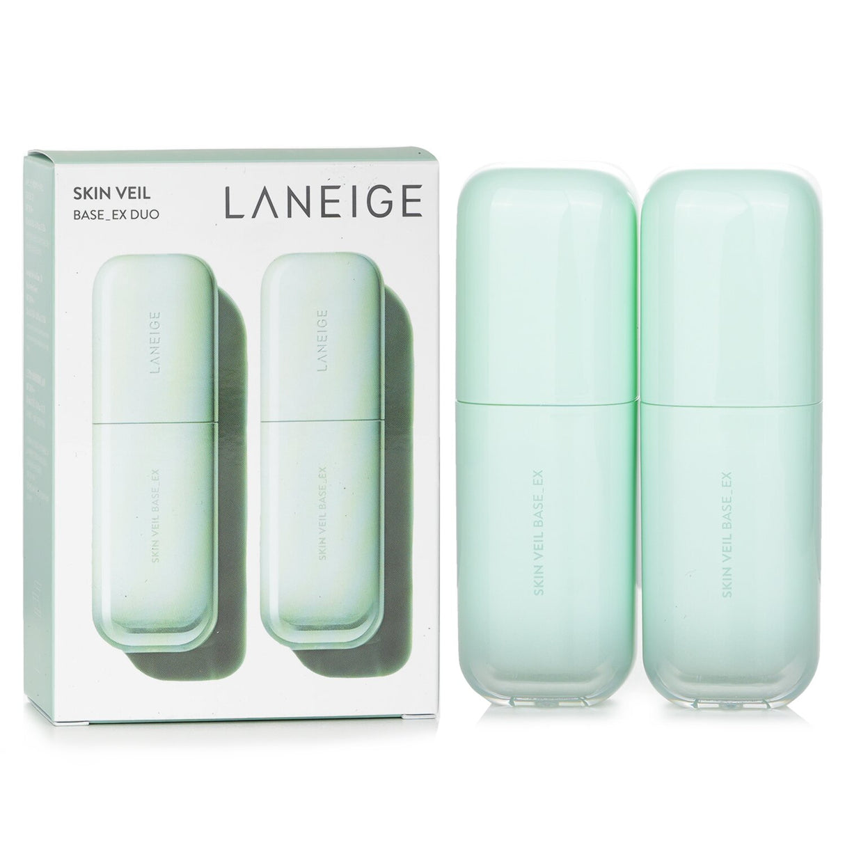 Laneige Skin Veil Base EX Duo Set in Mint Green, two 30ml bottles for flawless, hydrated skin with SPF 28 protection.