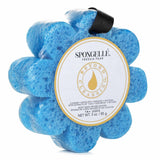Luxurious blue soap sponge infused with Freesia Pear scent, Yuzu, Edelweiss, and Vetiver extracts for radiant skin.