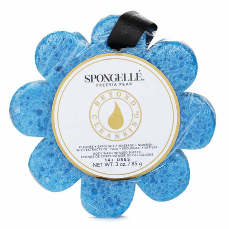 Luxurious blue soap sponge infused with freesia pear scent, Yuzu, Edelweiss, and Vetiver extracts for radiant skin.