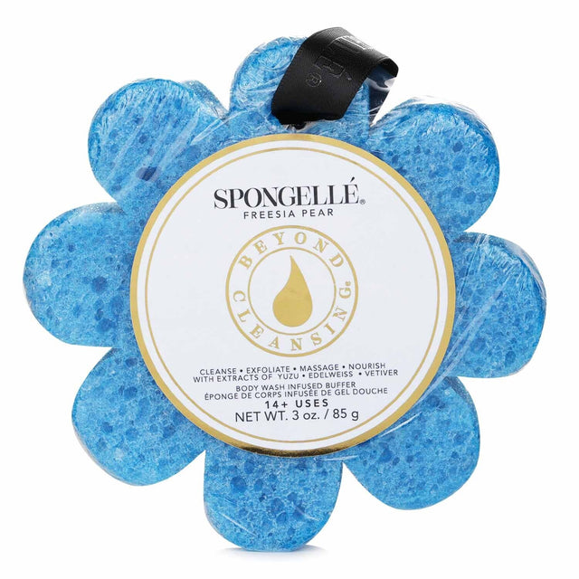 Luxurious blue soap sponge infused with freesia pear scent, Yuzu, Edelweiss, and Vetiver extracts for radiant skin.