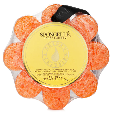 Luxurious Spongelle Wild Flower Soap Sponge in Honey Blossom, infused with Yuzu and Edelweiss extracts for radiant skin.