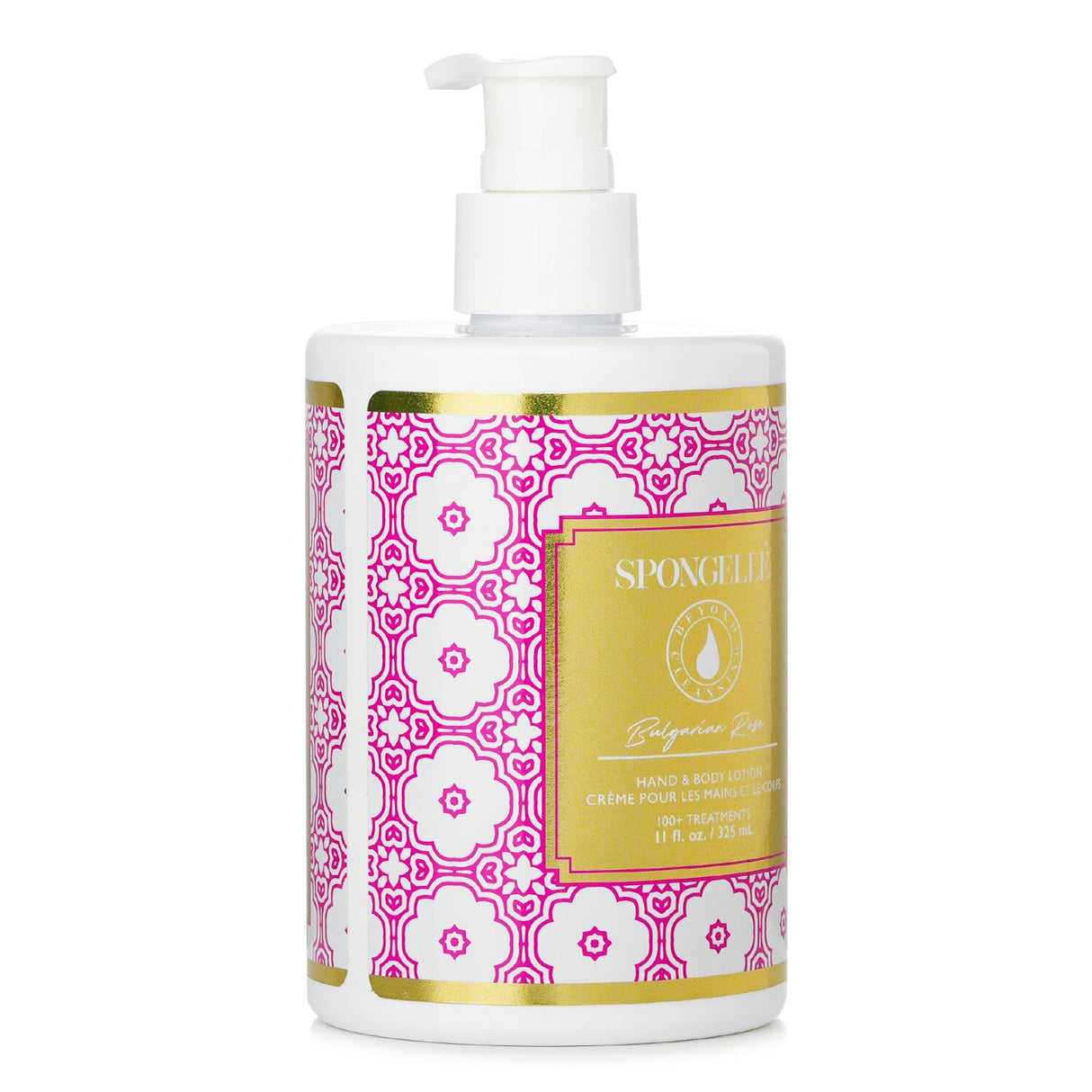 Luxurious Spongelle Hand & Body Lotion in Bulgarian Rose, hydrating blend for soft skin, infused with a delicate floral fragrance.