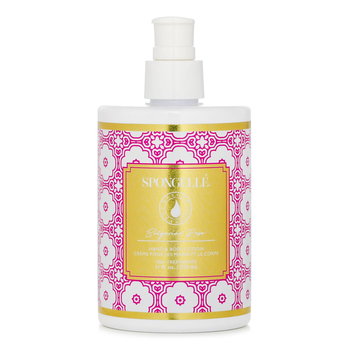 Luxurious Spongelle Hand & Body Lotion in Bulgarian Rose, hydrating formula with natural oils, elegant bottle design.