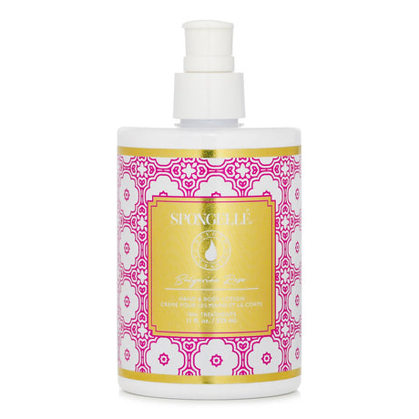 Luxurious Spongelle Hand & Body Lotion in Bulgarian Rose, hydrating formula with natural oils, elegant bottle design.