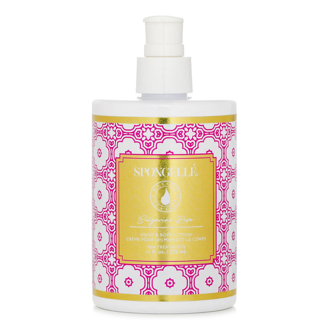Luxurious Spongelle Hand & Body Lotion in Bulgarian Rose, hydrating formula with natural oils, elegant bottle design.