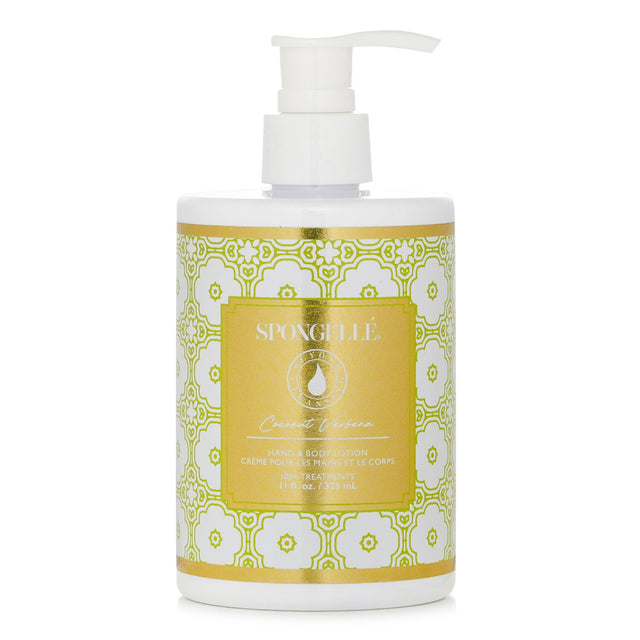 Luxurious Spongelle Coconut Verbena hand and body lotion, deeply hydrating with nourishing oils, perfect for soft, scented skin.