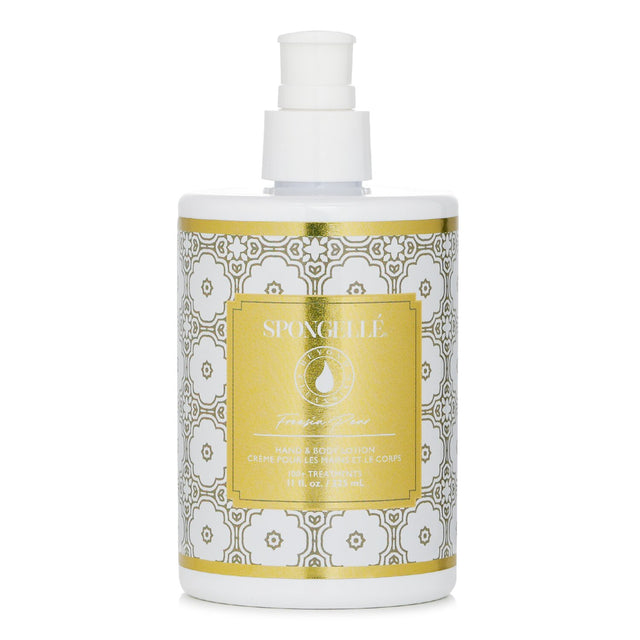 Luxurious Spongelle Hand & Body Lotion in Freesia Pear, enriched with shea butter for soft, hydrated skin.