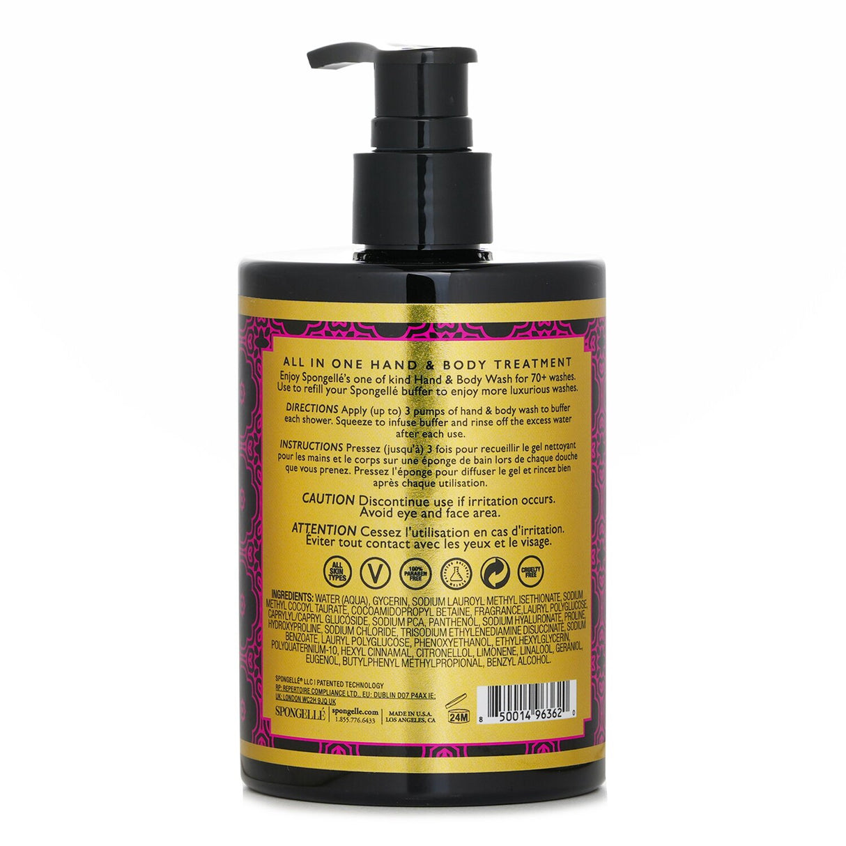 Spongelle Bulgarian Rose hand & body wash in 325ml, vegan formula with nourishing ingredients and enchanting floral scent.